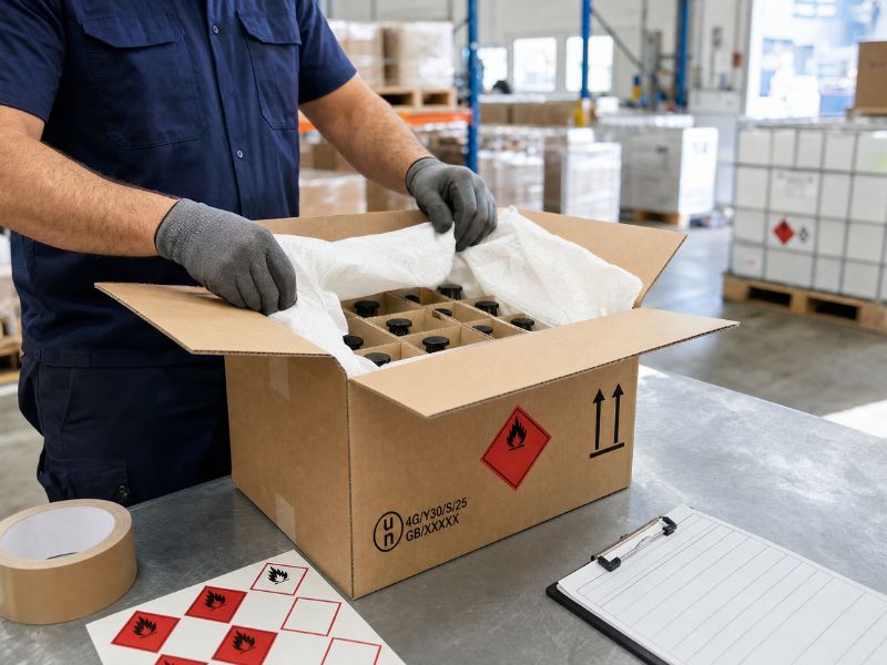 Warehouse staff packing dangerous goods air freight in UN specification boxes with hazard labels