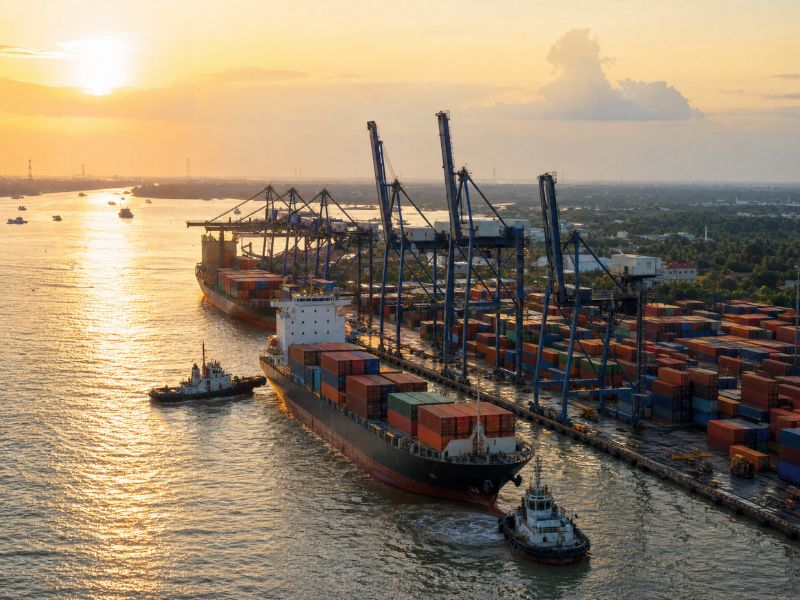 Shipping from Singapore to Vietnam: container ship arriving at Cat Lai port near Ho Chi Minh City