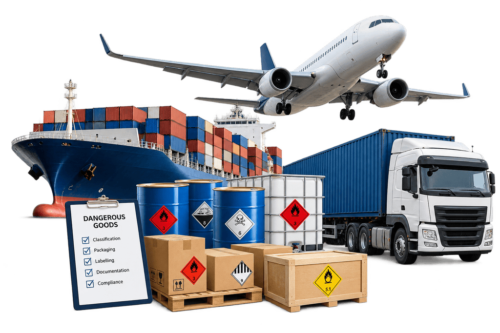 Dangerous goods shipping by air, sea and road with hazardous cargo