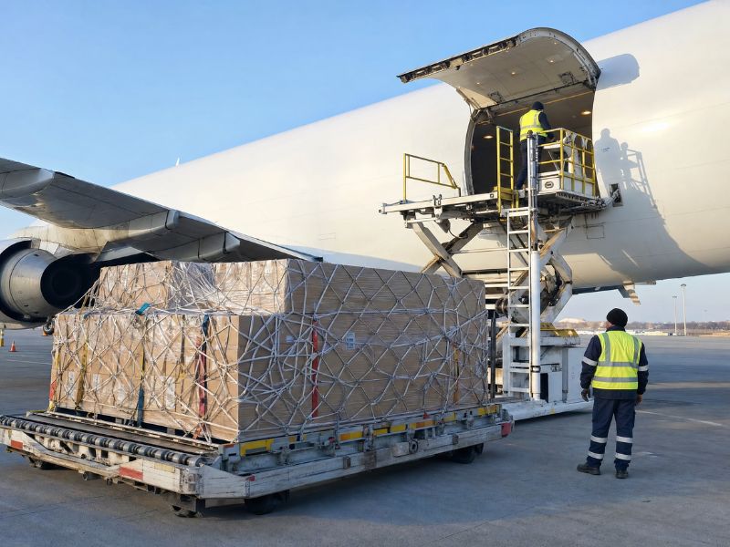 Air cargo pallet loaded at Manchester for international pallet shipping to Asia and Australia